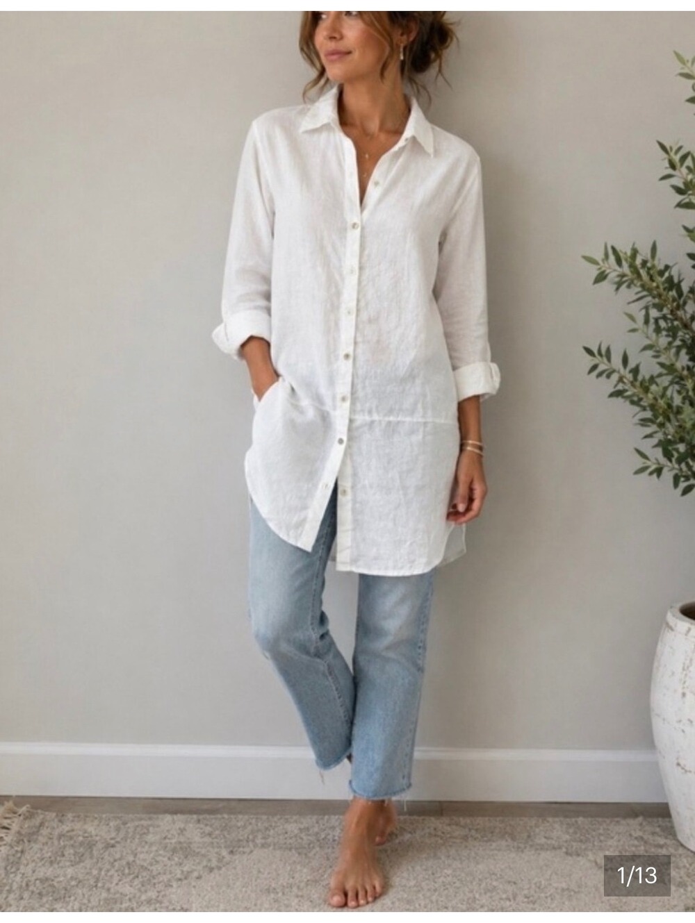 Women’s Tahari 100% linen button down shirt tunic white L Large coastal beach